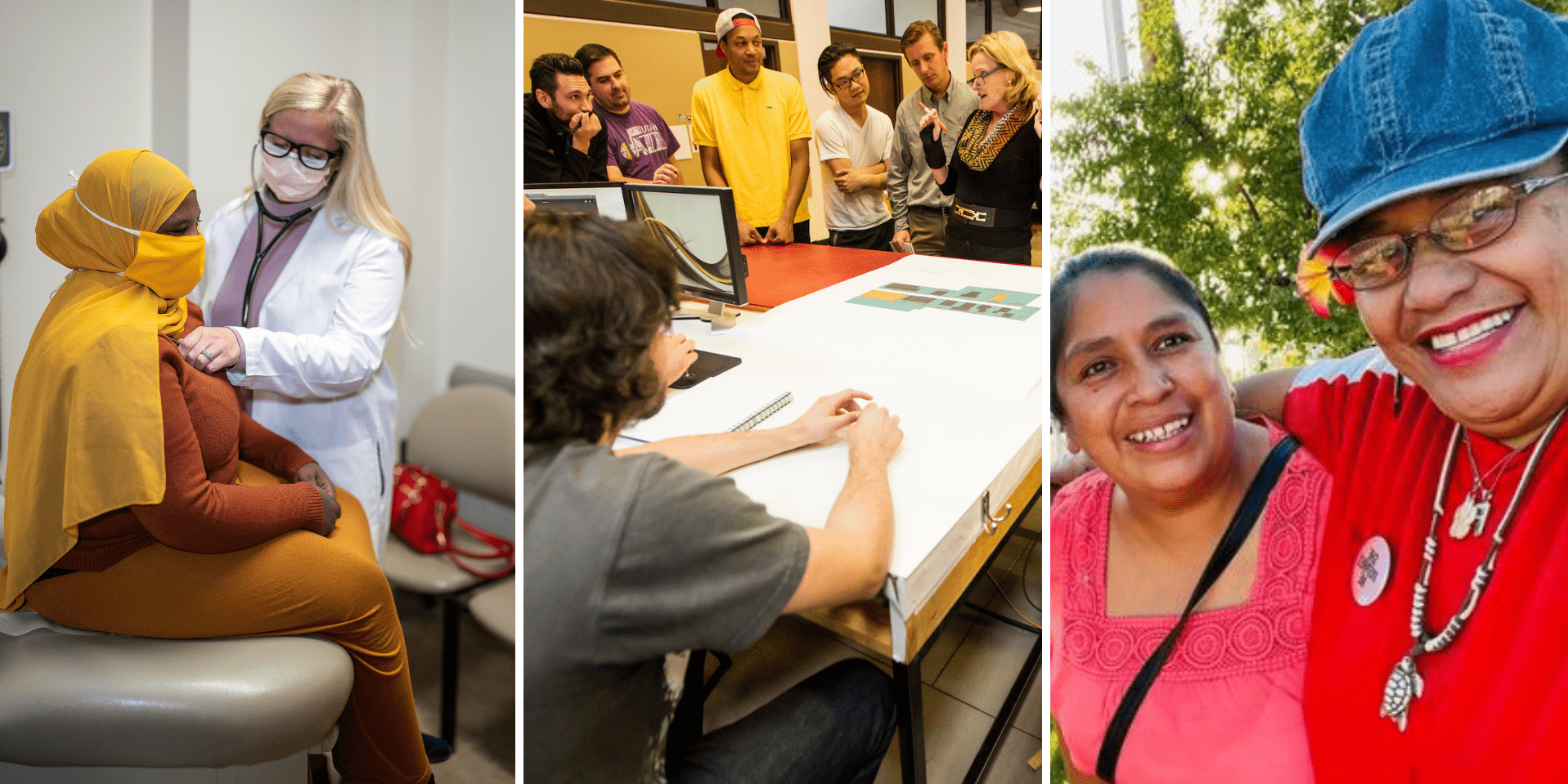 Three photos, one of a doctor and patient, one of a group looking at architectural drawings, and one of two people looking at the camera