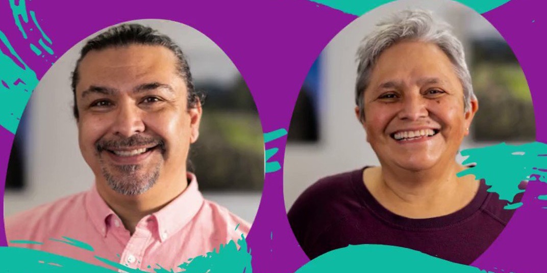 Headshots of two people within purple and green swirls